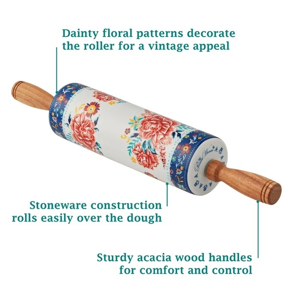 🌺 New Pioneer Woman Keepsake Floral Ceramic Rolling Pin & Rolling Pin Rack - Picture 7 of 11